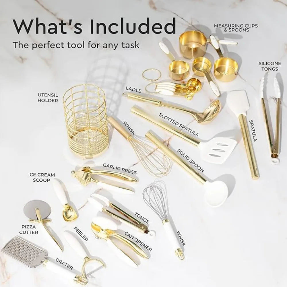 White and Gold Kitchen Utensils Set - 23 Piece Luxe White and Gold Kitchen Accessories Include Gold Measuring