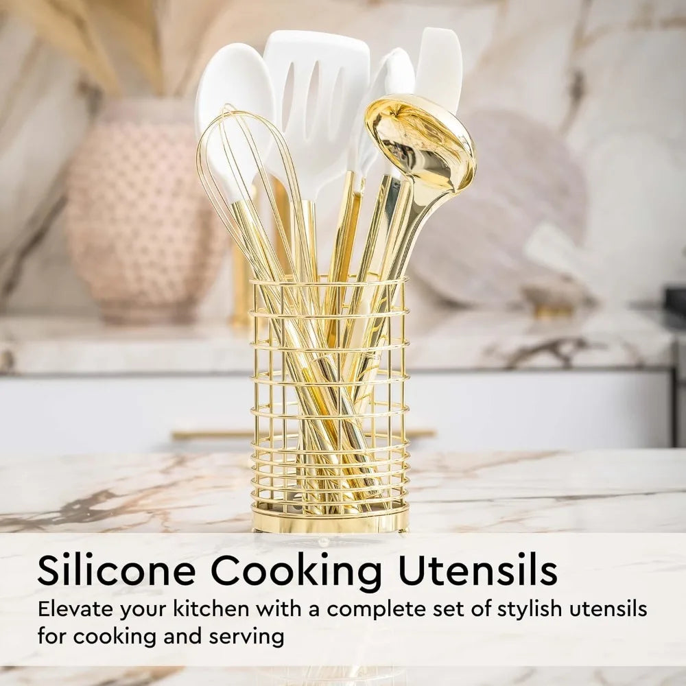 White and Gold Kitchen Utensils Set - 23 Piece Luxe White and Gold Kitchen Accessories Include Gold Measuring