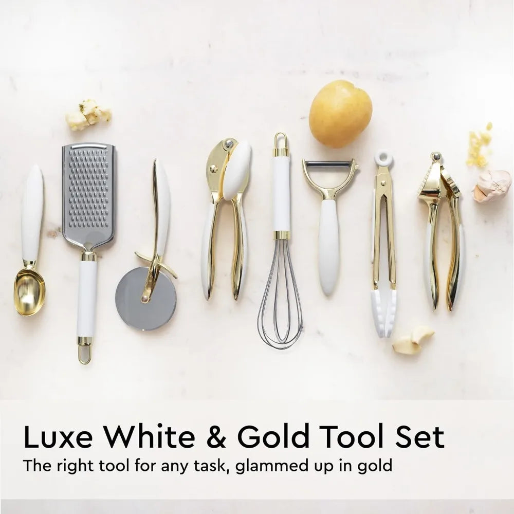 White and Gold Kitchen Utensils Set - 23 Piece Luxe White and Gold Kitchen Accessories Include Gold Measuring