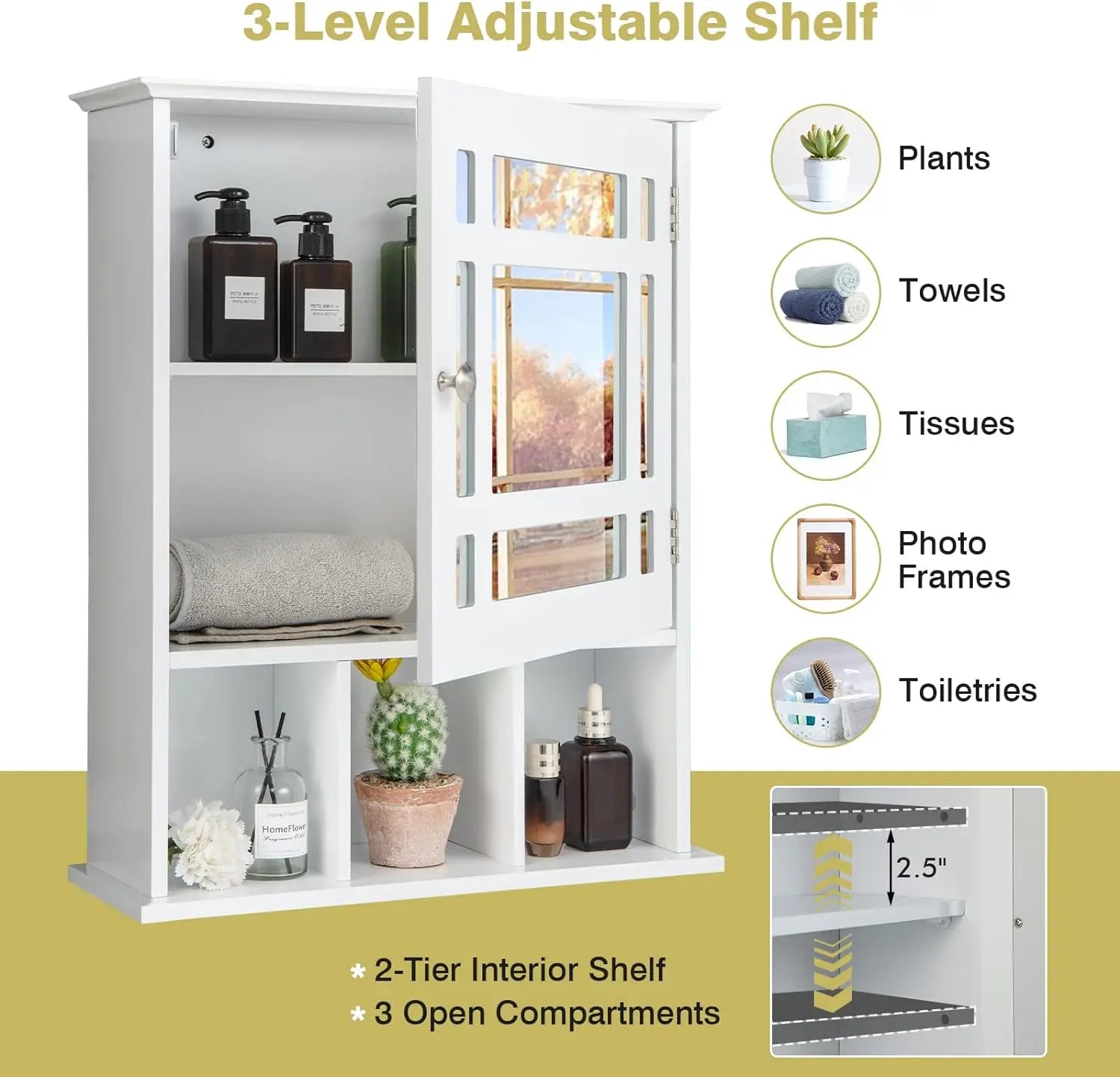 Comfort corner Bathroom Cabinet with Mirror,Wall Mounted Hanging Storage Organizer with Adjustable Shelf,Mirrored StorageCabinet
