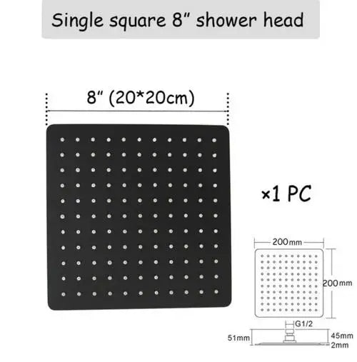 Stainless steel  Black Bathroom Ultrathin 2 mm Rain Shower Head 8/10/12 Inch Wall & Ceiling Square & Round Rainfall Shower head