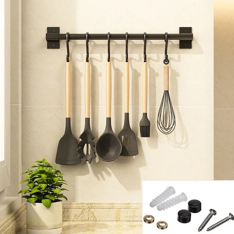 Matt Black Kitchen Hook Rack Pantry Bar Kitchen Shelf American Style Space Aluminum Frame Kitchenware Utensil Tool Storage Rack