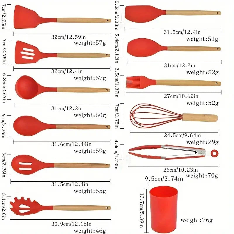 12pcs/set, Silicone Cooking Utensils Set With Wooden Handle, Colorful Non-stick Pot Special Cooking Tools Set, Heat Resistant