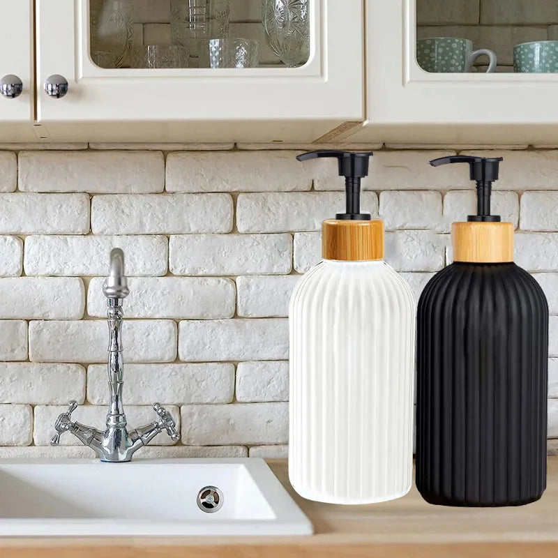 500ml Strip Soap Dispenser With Bamboo Pump Refillable Bottle Shampoo Conditioner Lotion Body Wash Empty Container For Bathroom