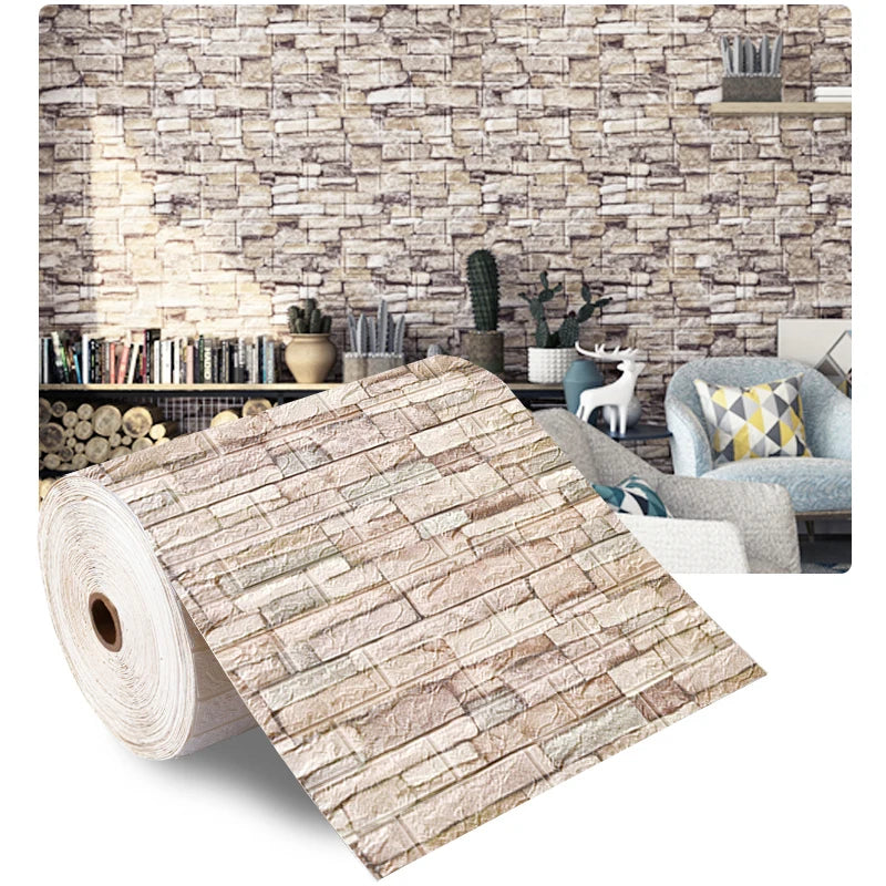 3D Wall Sticker 70cmx2m Continuous Retro Imitation Brick Wallpaper Self Adhesive Waterproof WallcoveringLiving Room Wall Decor