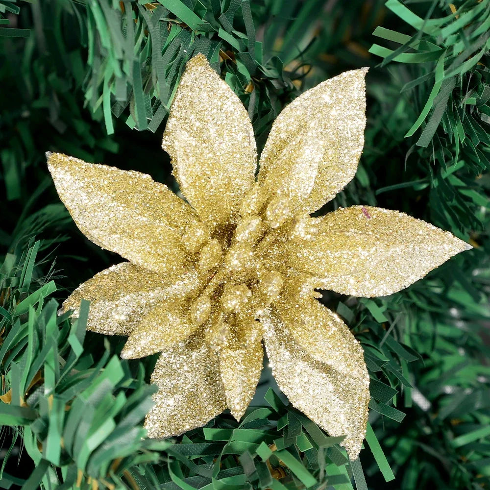 Glitter Artifical Christmas Flowers Christmas Tree Hanging Decoration Fake Flowers Gold Silver New Year Simulated Gift Ornaments