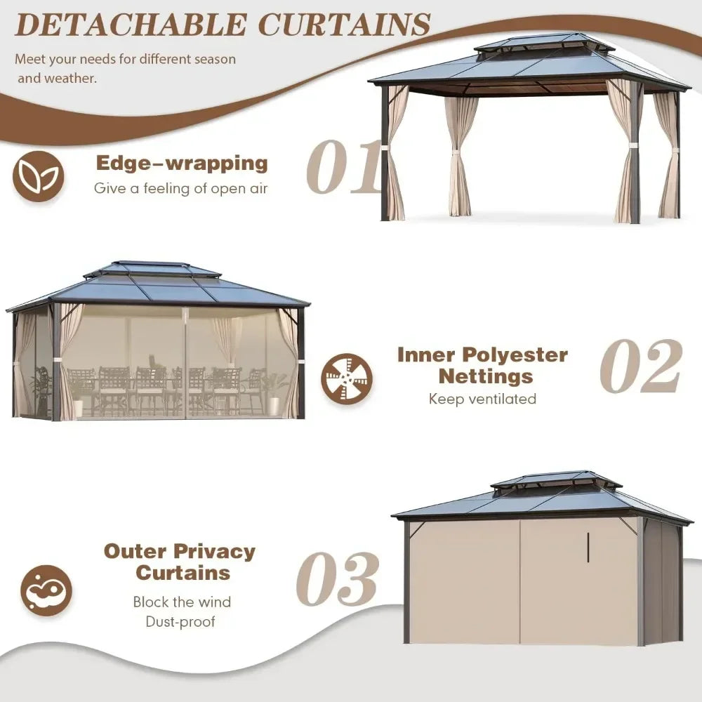 Gazebo Polycarbonate Double Roof Canopy Outdoor Aluminum Frame Pergola, Permanent Pavilion with Netting and Curtains