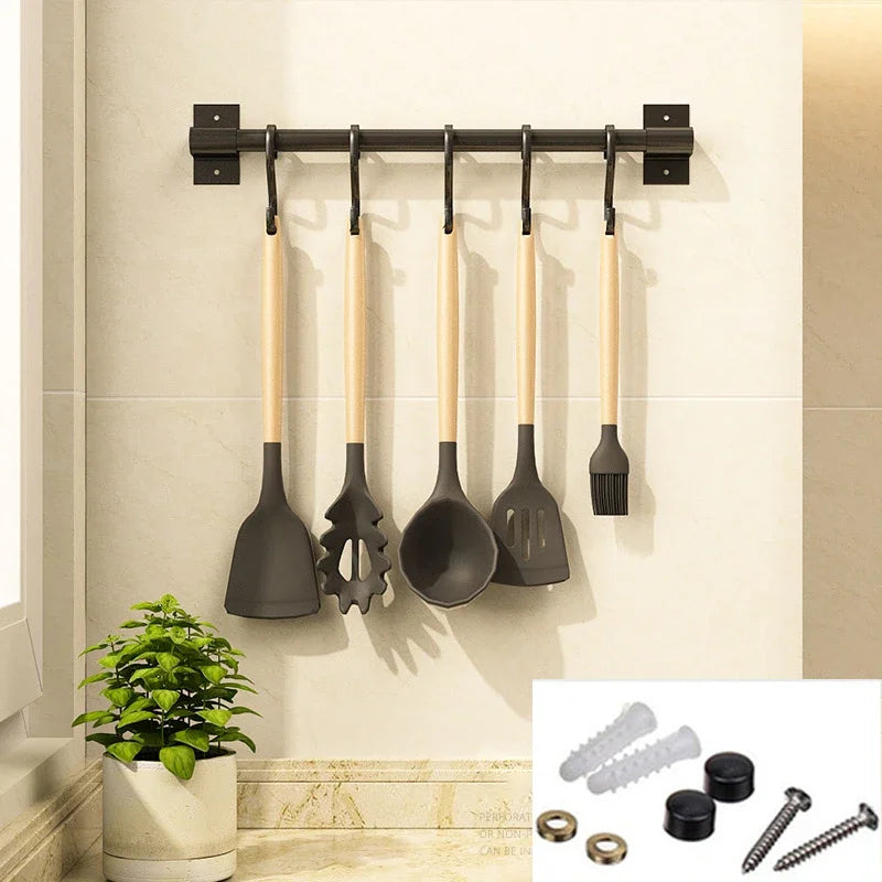 Matt Black Kitchen Hook Rack Pantry Bar Kitchen Shelf American Style Space Aluminum Frame Kitchenware Utensil Tool Storage Rack