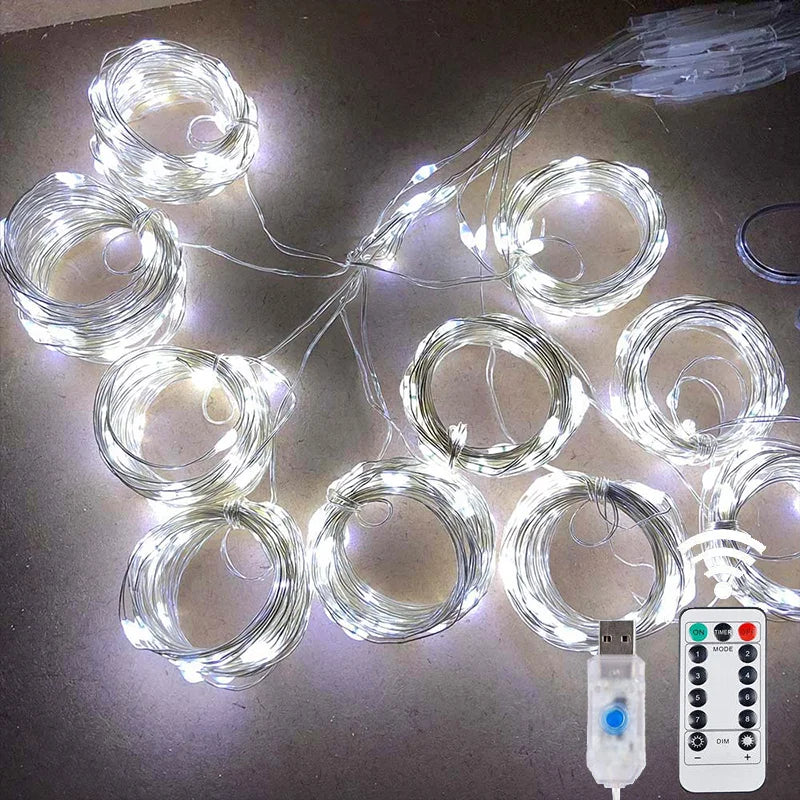 LED Curtain String Lights Christmas Garland Decor Fairy Light 8 Modes USB Remote Control Wedding Holiday Party for Bedroom Home