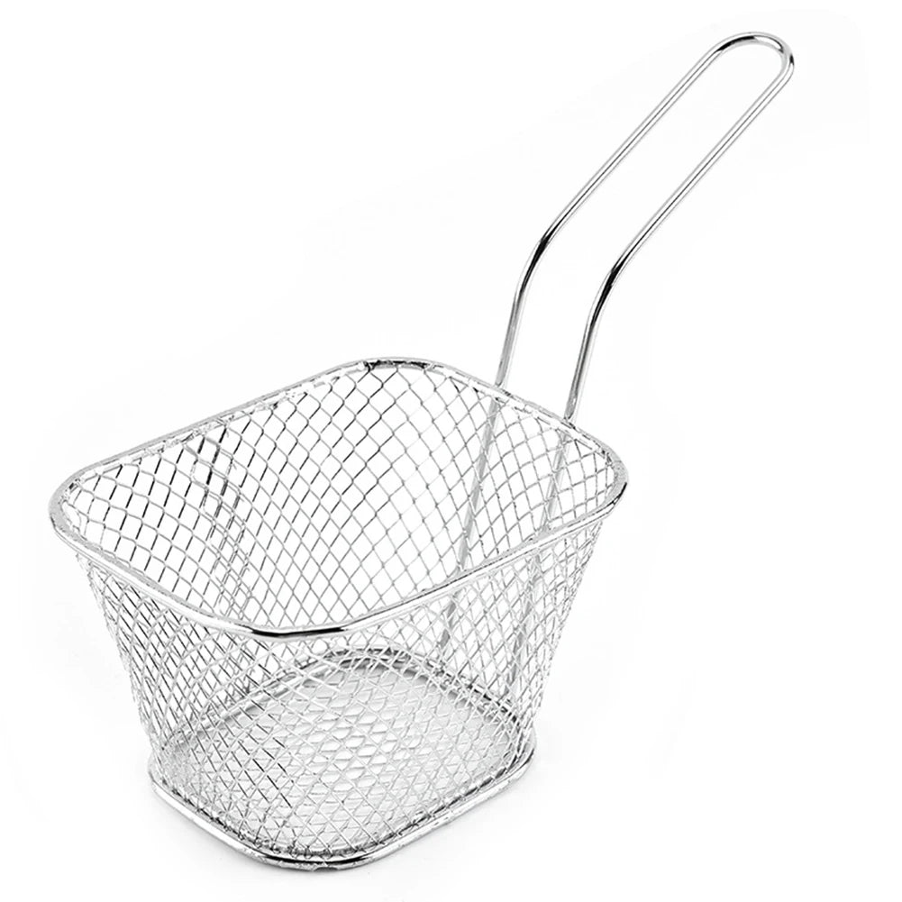 Mini Square Fry Basket Metal French Fries Chips Holder with Handle Desk Food Presentation Mesh Basket Kitchen Accessories Tools