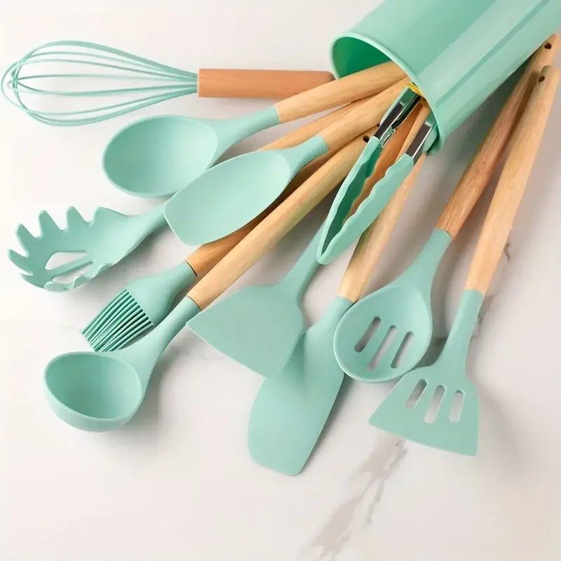 12pcs/set, Silicone Cooking Utensils Set With Wooden Handle, Colorful Non-stick Pot Special Cooking Tools Set, Heat Resistant