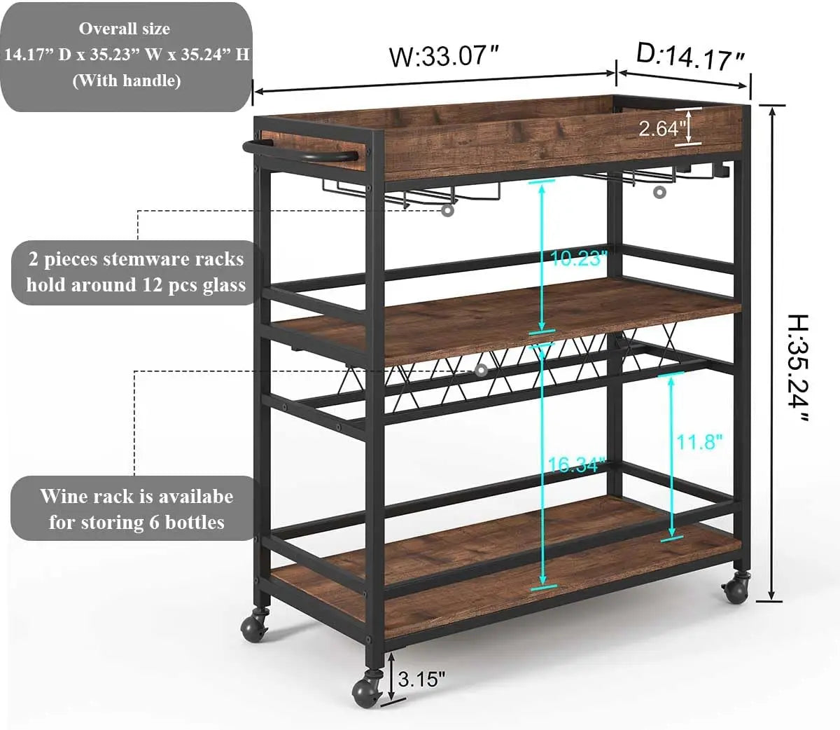 Bar Cart for The Home, Rolling Home Bar Serving Cart on Wheels, 3 Tier Liquor Beverage Cart for Home Bar