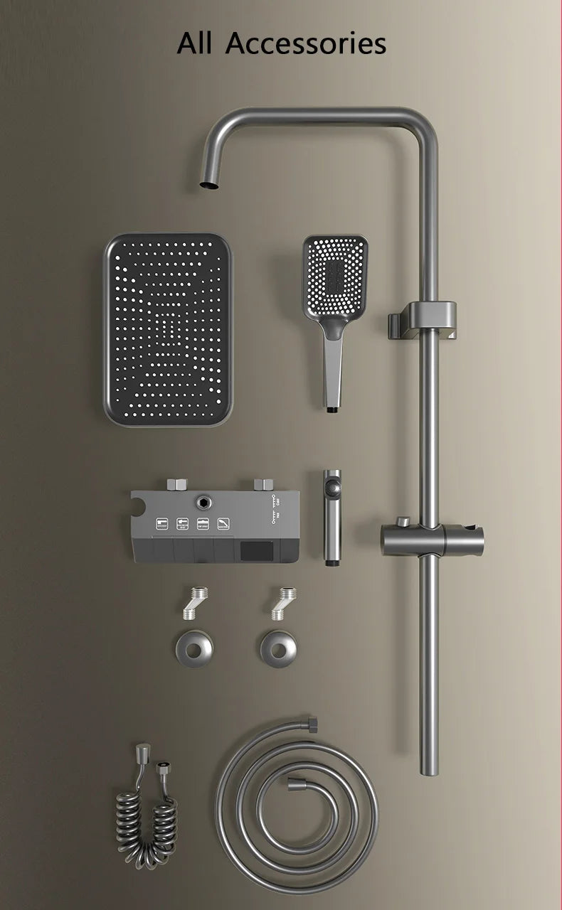 Bathroom Shower Full Set Black White Gray Bathtub Shower System Rain Pressurized Digital LED Shower Sets Hot Cold Shower Faucet