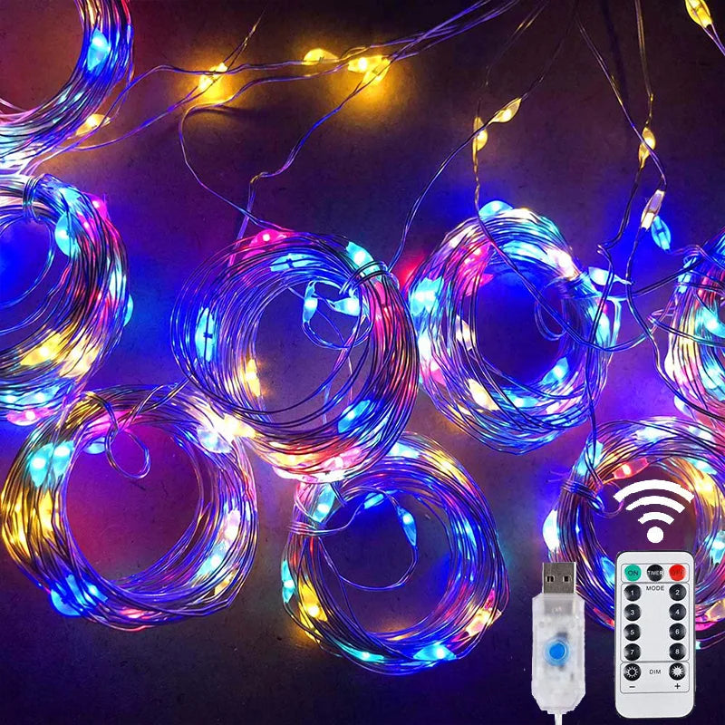 LED Curtain String Lights Christmas Garland Decor Fairy Light 8 Modes USB Remote Control Wedding Holiday Party for Bedroom Home