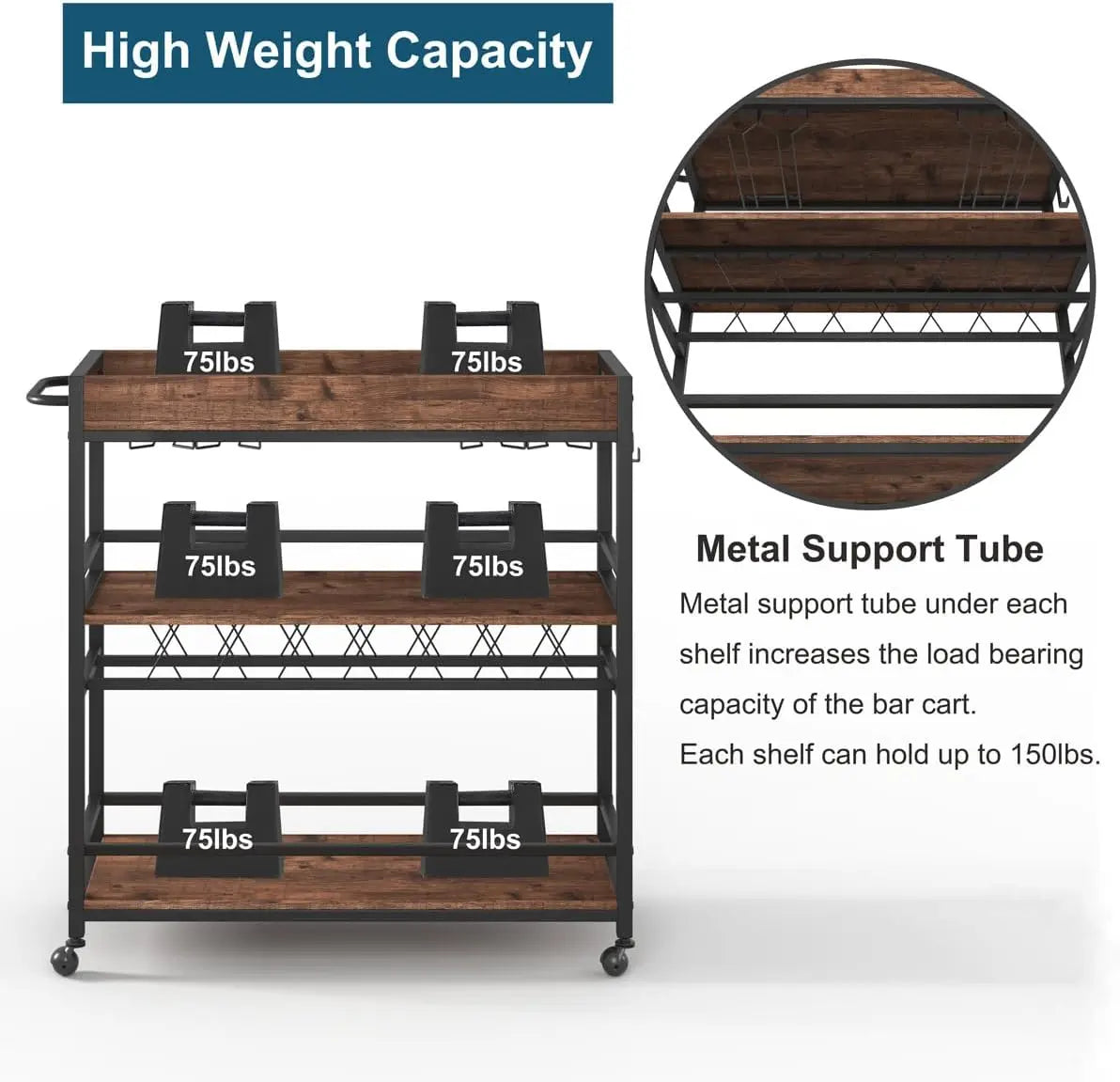 Bar Cart for The Home, Rolling Home Bar Serving Cart on Wheels, 3 Tier Liquor Beverage Cart for Home Bar