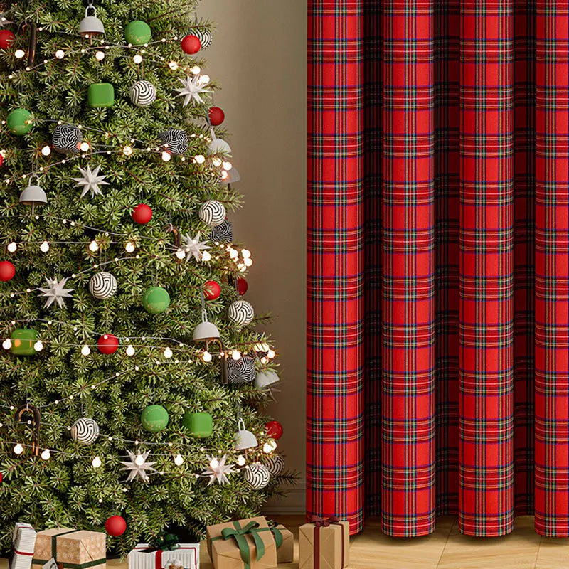 1 Panel Christmas line grid curtain suitable for living room and bedroom decoration