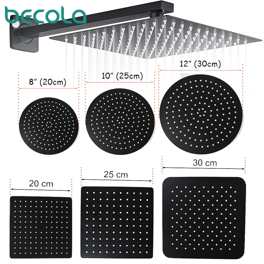 Stainless steel  Black Bathroom Ultrathin 2 mm Rain Shower Head 8/10/12 Inch Wall & Ceiling Square & Round Rainfall Shower head