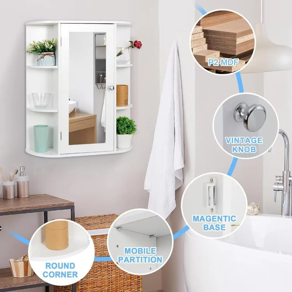 Bathroom Cabinet with Single Mirror Door Wall Mount Medicine Cabinet with Inner Adjustable Shelves Wooden Storage Organizer