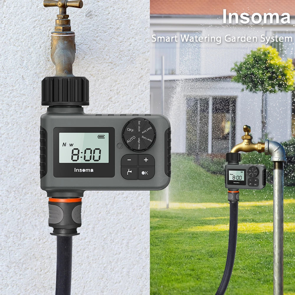 Insoma Automatic Water Timer Intelligent Irrigation Watering System Sprinkler Timer Garden Programmer Equipment IPX5 LCD Display