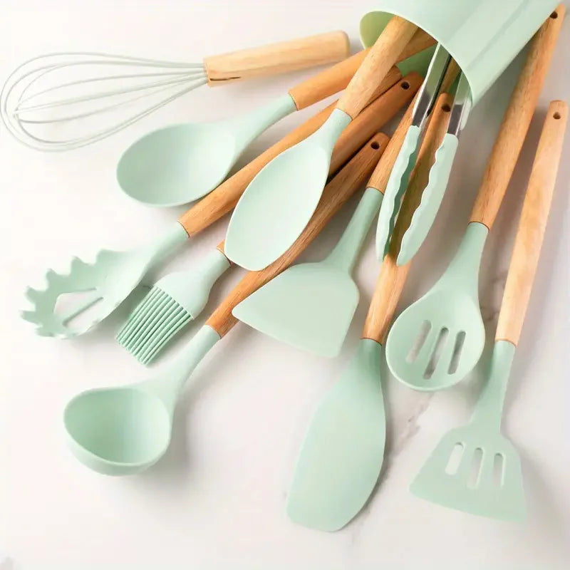 12pcs/set, Silicone Cooking Utensils Set With Wooden Handle, Colorful Non-stick Pot Special Cooking Tools Set, Heat Resistant