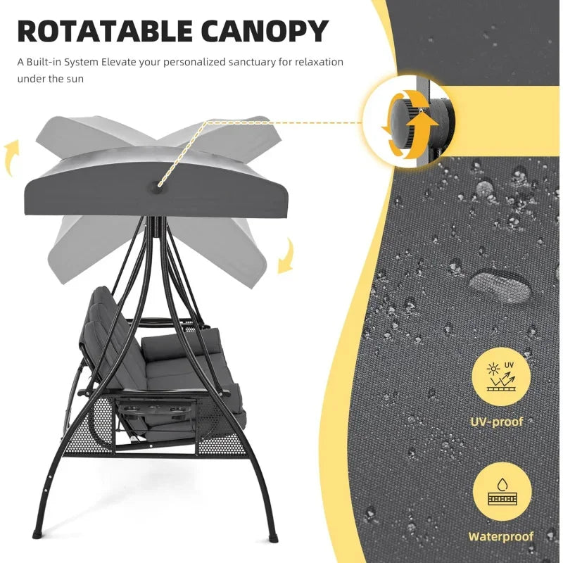 3-Seat Outdoor Porch Swing with Adjustable Canopy and Backrest, Patio Swing Chair with Weather Resistant Steel Frame,Comfortabl