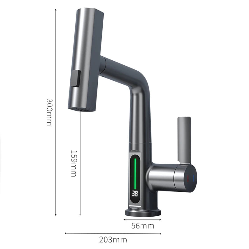 Waterfall Temperature Digital Display Basin Faucet Lift Up Down Stream Sprayer Hot Cold Water Sink Mixer Wash Tap For Bathroom