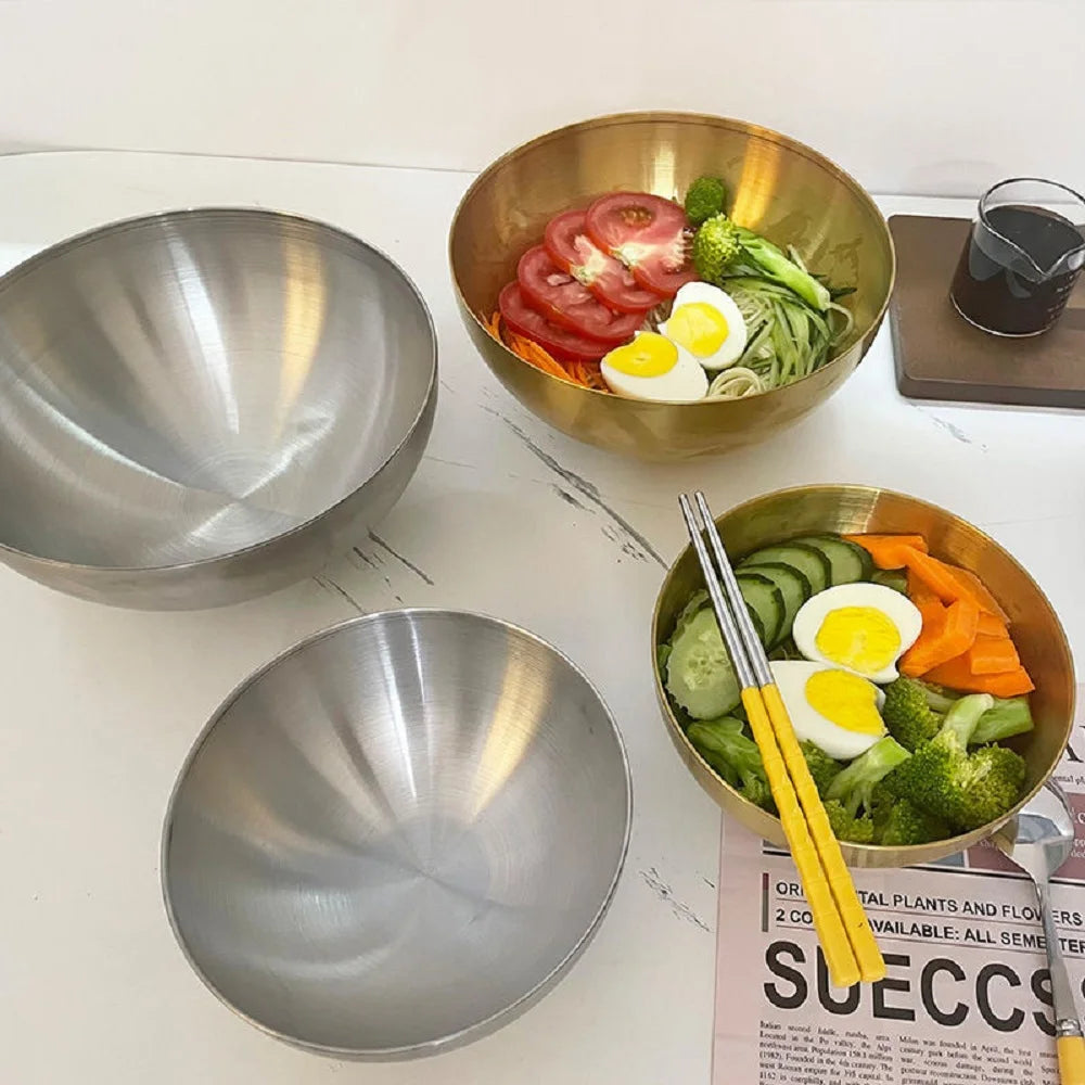 4pcs Gold Stainless Steel Fruit Salad Bowls Soup Rice Noodle Ramen Bowl Kitchen Tableware Utensils Food Container Mixing Bowls