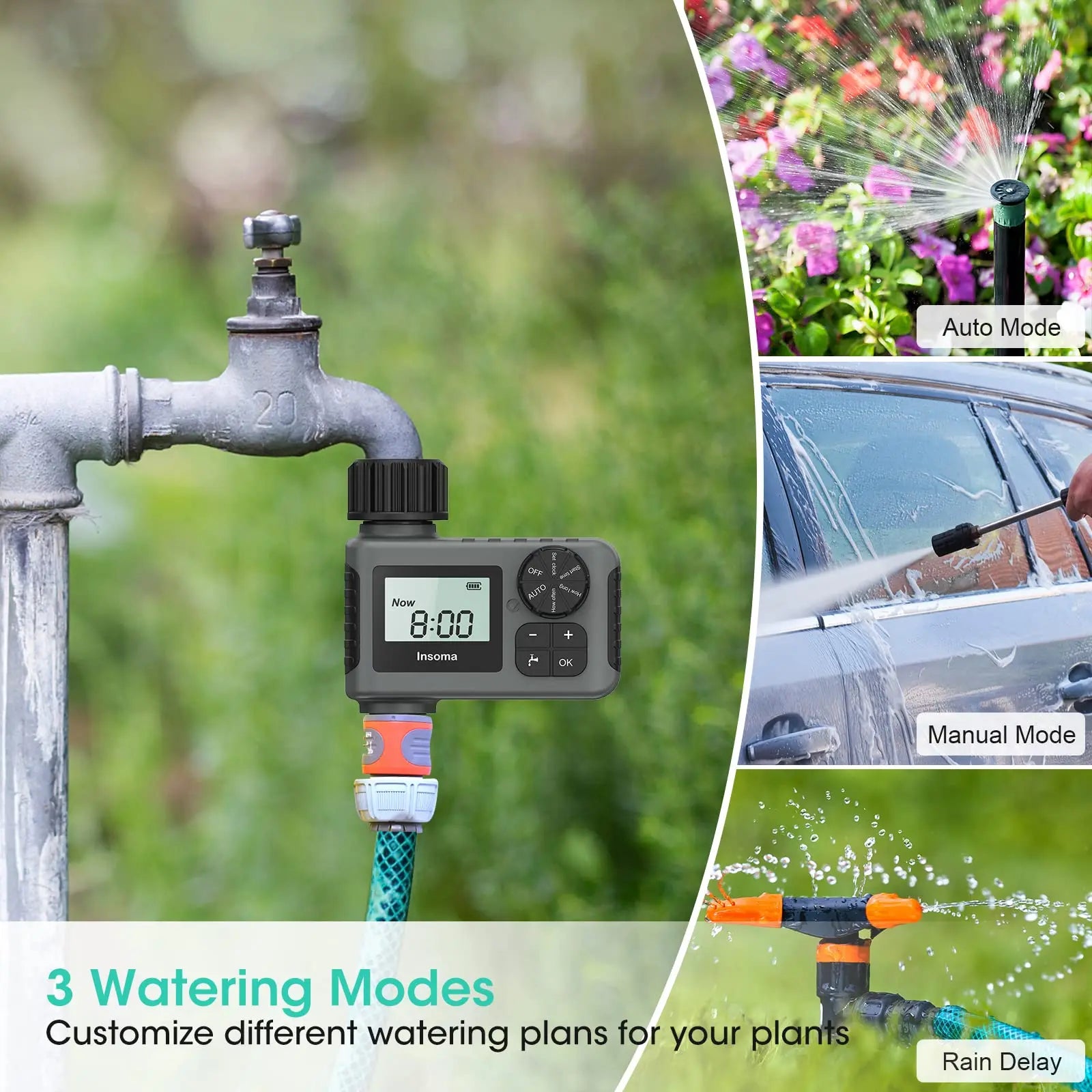 Insoma Automatic Water Timer Intelligent Irrigation Watering System Sprinkler Timer Garden Programmer Equipment IPX5 LCD Display