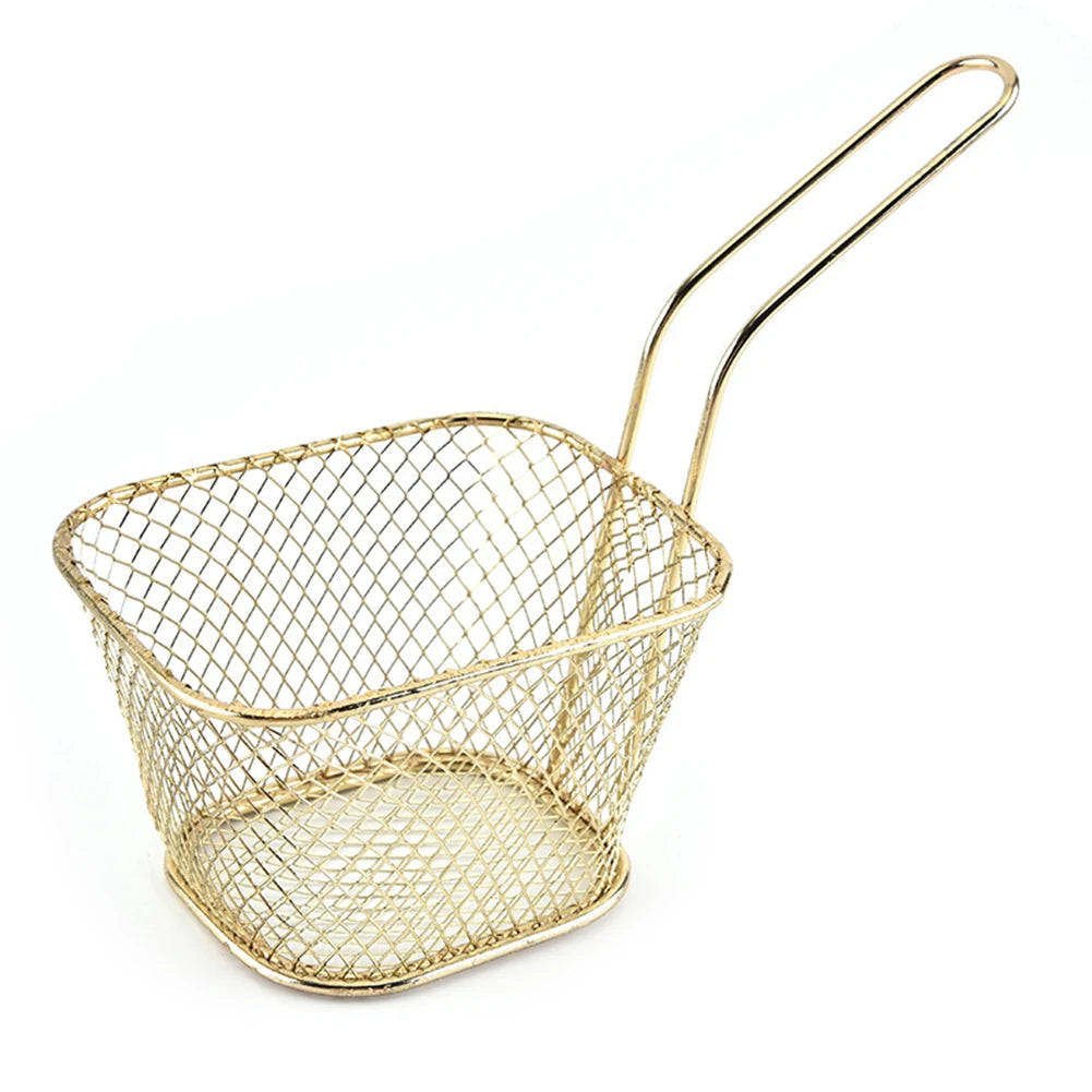 Mini Square Fry Basket Metal French Fries Chips Holder with Handle Desk Food Presentation Mesh Basket Kitchen Accessories Tools