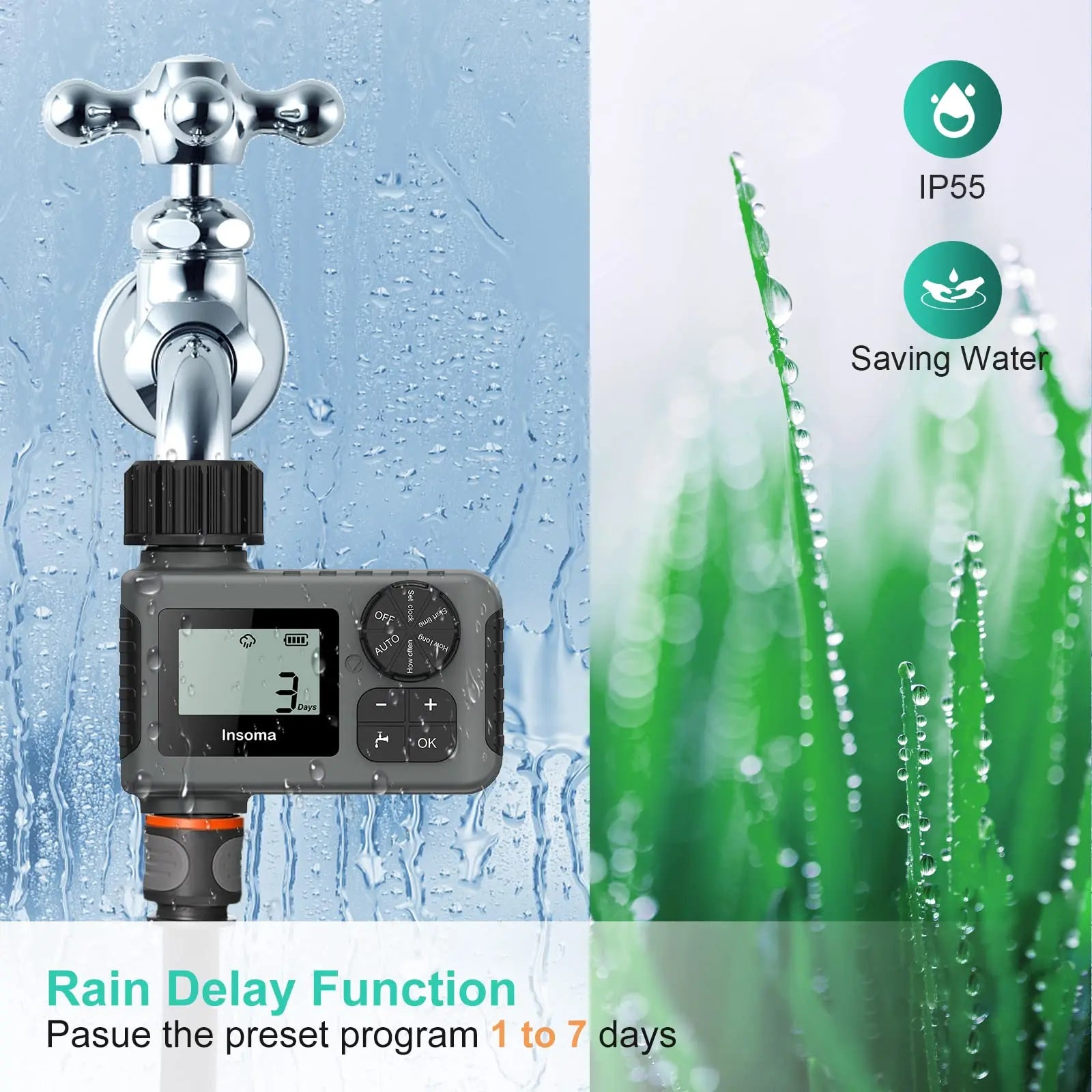 Insoma Automatic Water Timer Intelligent Irrigation Watering System Sprinkler Timer Garden Programmer Equipment IPX5 LCD Display