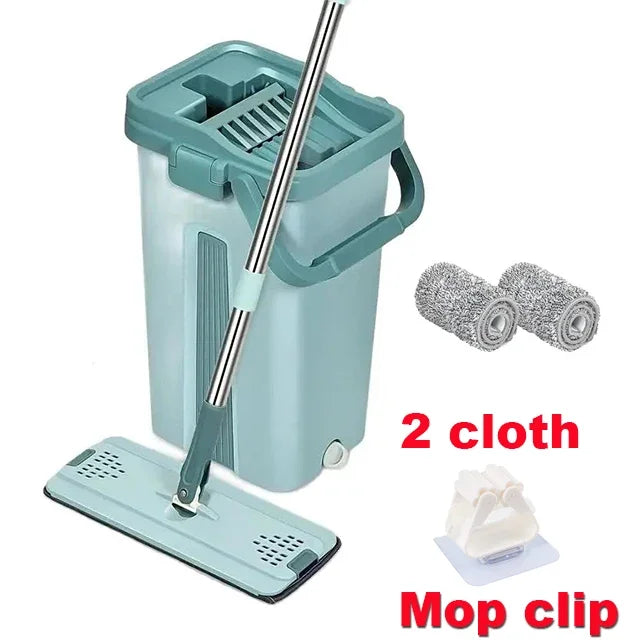 Flat Squeeze Mop with Bucket Hand Free Wringing Floor Cleaning Mop Microfiber Mop Pads Wet or Dry Usage on Hardwood Laminate