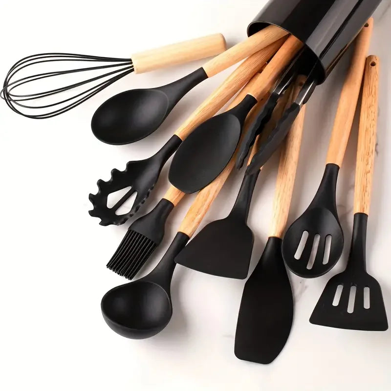 12pcs/set, Silicone Cooking Utensils Set With Wooden Handle, Colorful Non-stick Pot Special Cooking Tools Set, Heat Resistant