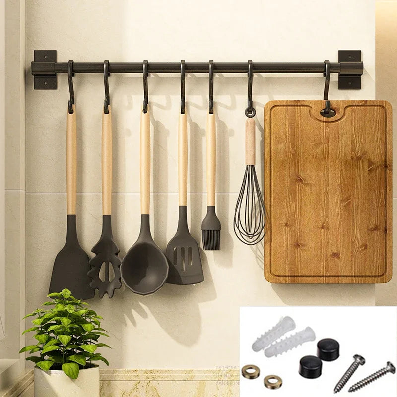 Matt Black Kitchen Hook Rack Pantry Bar Kitchen Shelf American Style Space Aluminum Frame Kitchenware Utensil Tool Storage Rack