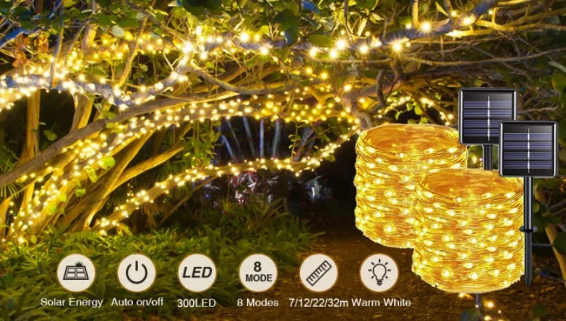 300LED Solar Rope Strip Light Outdoor Waterproof Fairy Light Strings Christmas Decor for Garden Lawn Tree Yard Fence Pathway