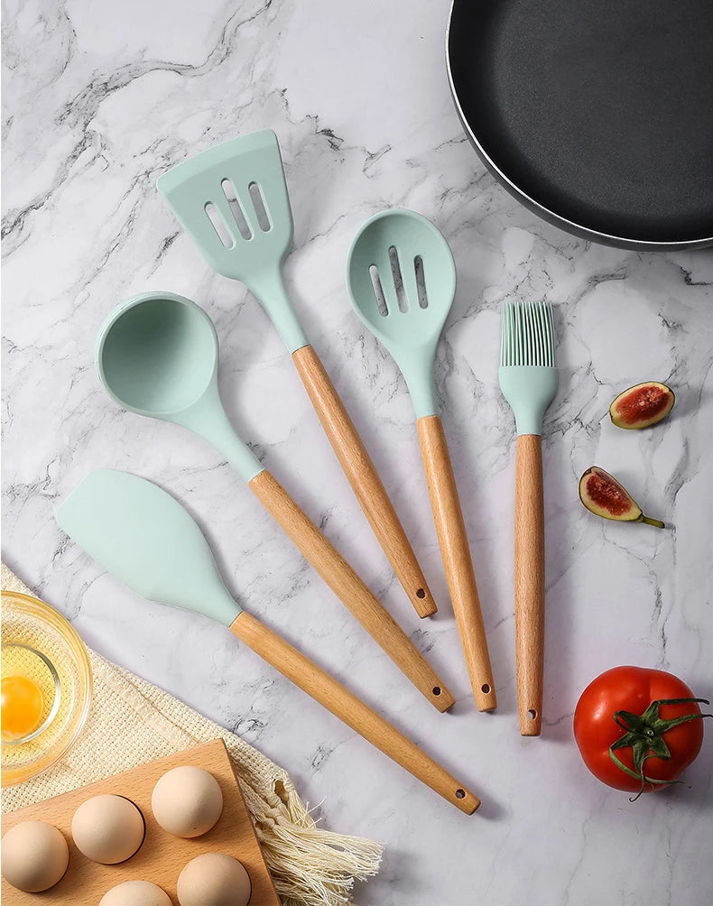 12pcs/set, Silicone Cooking Utensils Set With Wooden Handle, Colorful Non-stick Pot Special Cooking Tools Set, Heat Resistant