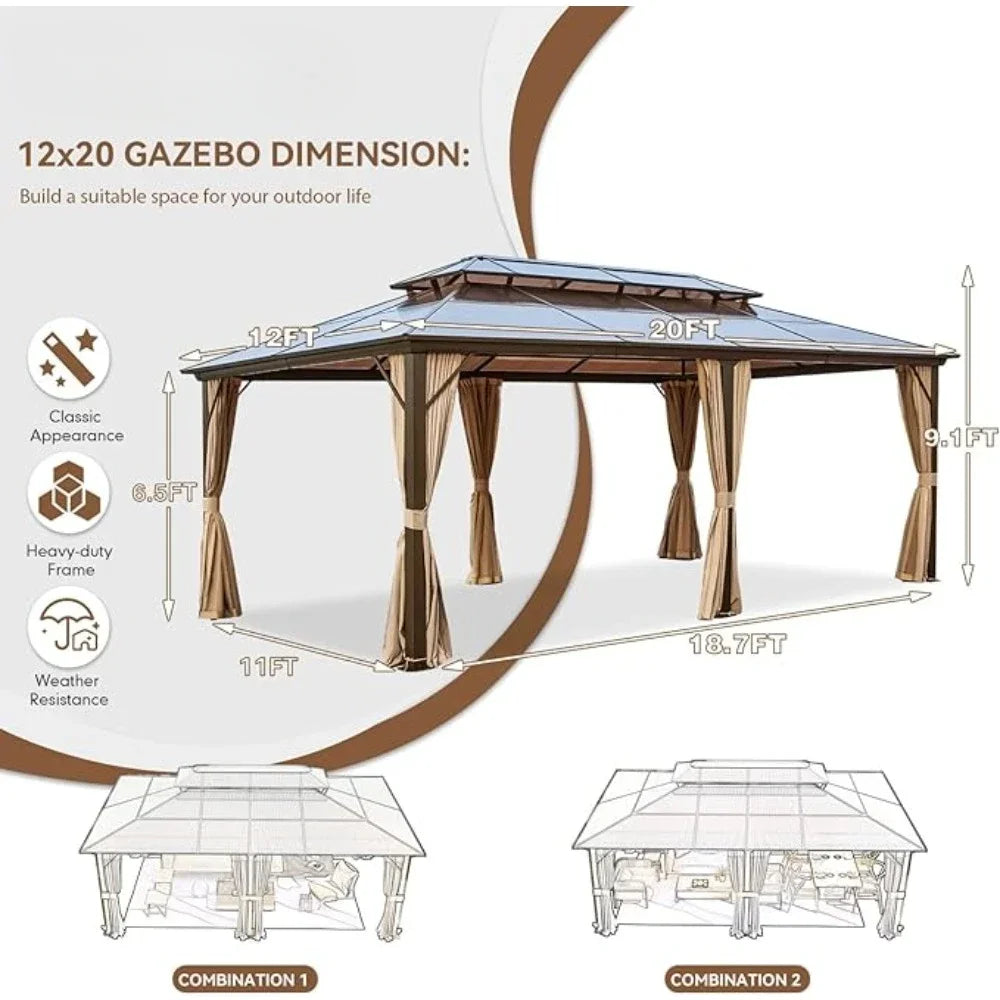 Gazebo Polycarbonate Double Roof Canopy Outdoor Aluminum Frame Pergola, Permanent Pavilion with Netting and Curtains