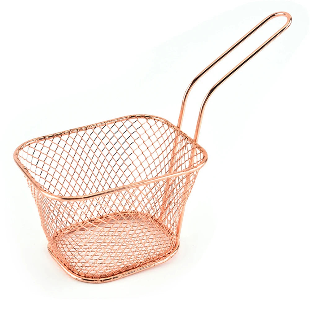 Mini Square Fry Basket Metal French Fries Chips Holder with Handle Desk Food Presentation Mesh Basket Kitchen Accessories Tools