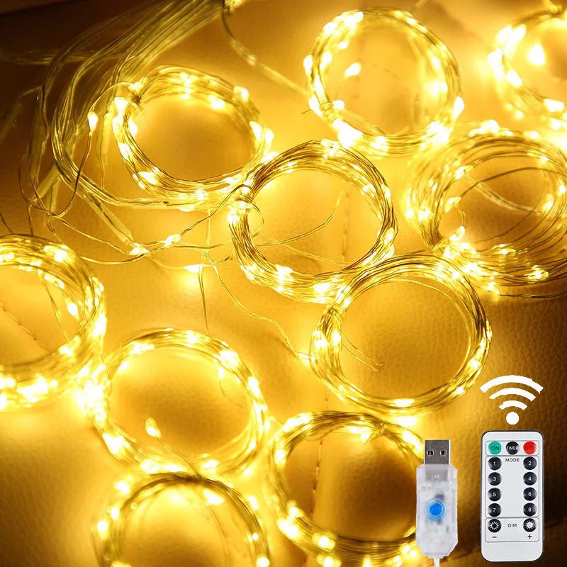 LED Curtain String Lights Christmas Garland Decor Fairy Light 8 Modes USB Remote Control Wedding Holiday Party for Bedroom Home