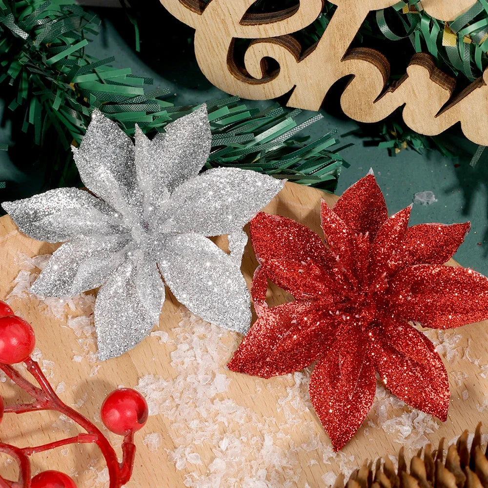 Glitter Artifical Christmas Flowers Christmas Tree Hanging Decoration Fake Flowers Gold Silver New Year Simulated Gift Ornaments