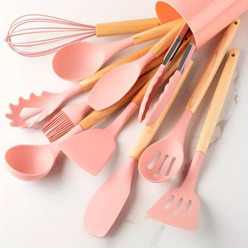 12pcs/set, Silicone Cooking Utensils Set With Wooden Handle, Colorful Non-stick Pot Special Cooking Tools Set, Heat Resistant