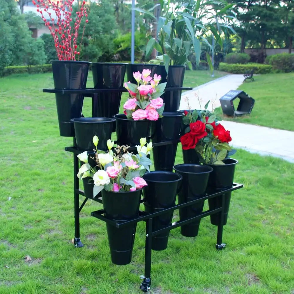 Moving Plant Stand with Wheels Heavy Duty Garden Cart Display Flower Shelf with 12pcs Plastic Buckets for Fresh Flowers