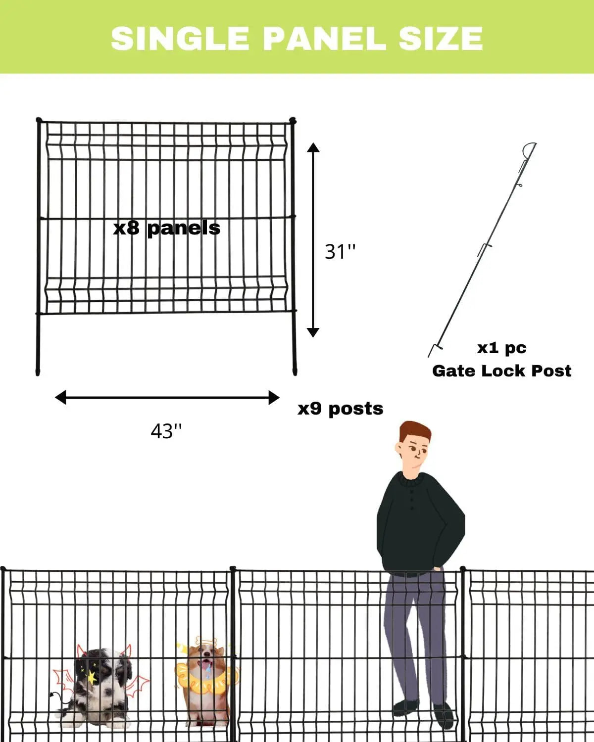 No Dig Fence 8 Panels, Total 29 ft (L) x31in (H), Decorative Metal Garden Fence and Gate, Animal Pets Barrier, Outdoor Fencing