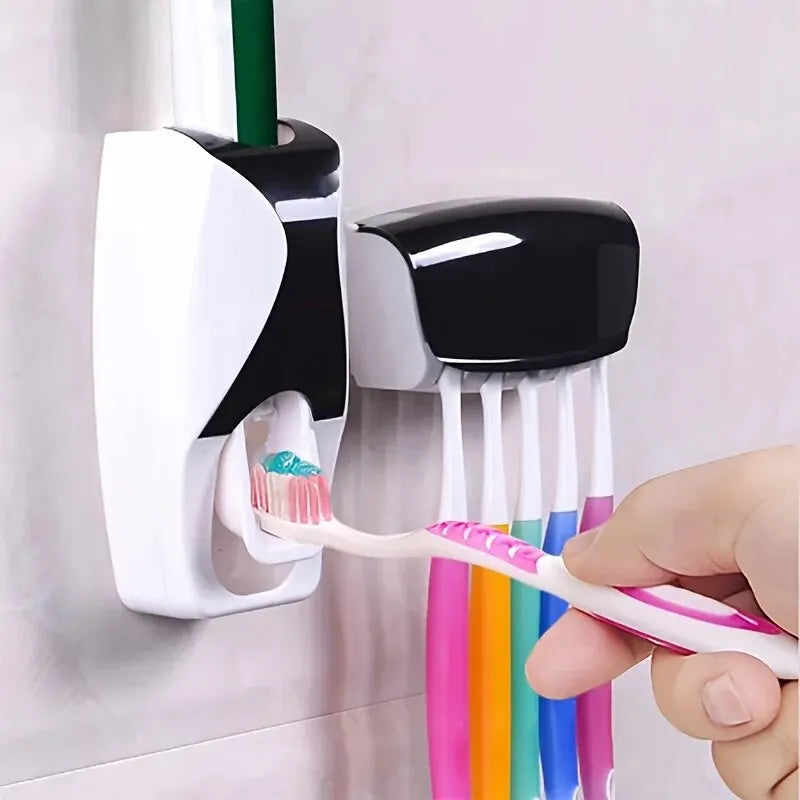 1Set Toothbrush Holder With Automatic Toothpaste Dispenser Wall Mounted Toothbrush Storage Rack & Bathroom Toothpaste Squeezer