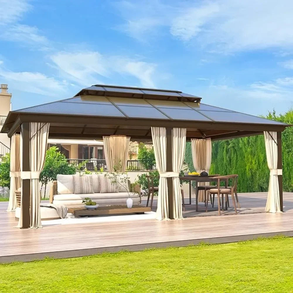 Gazebo Polycarbonate Double Roof Canopy Outdoor Aluminum Frame Pergola, Permanent Pavilion with Netting and Curtains