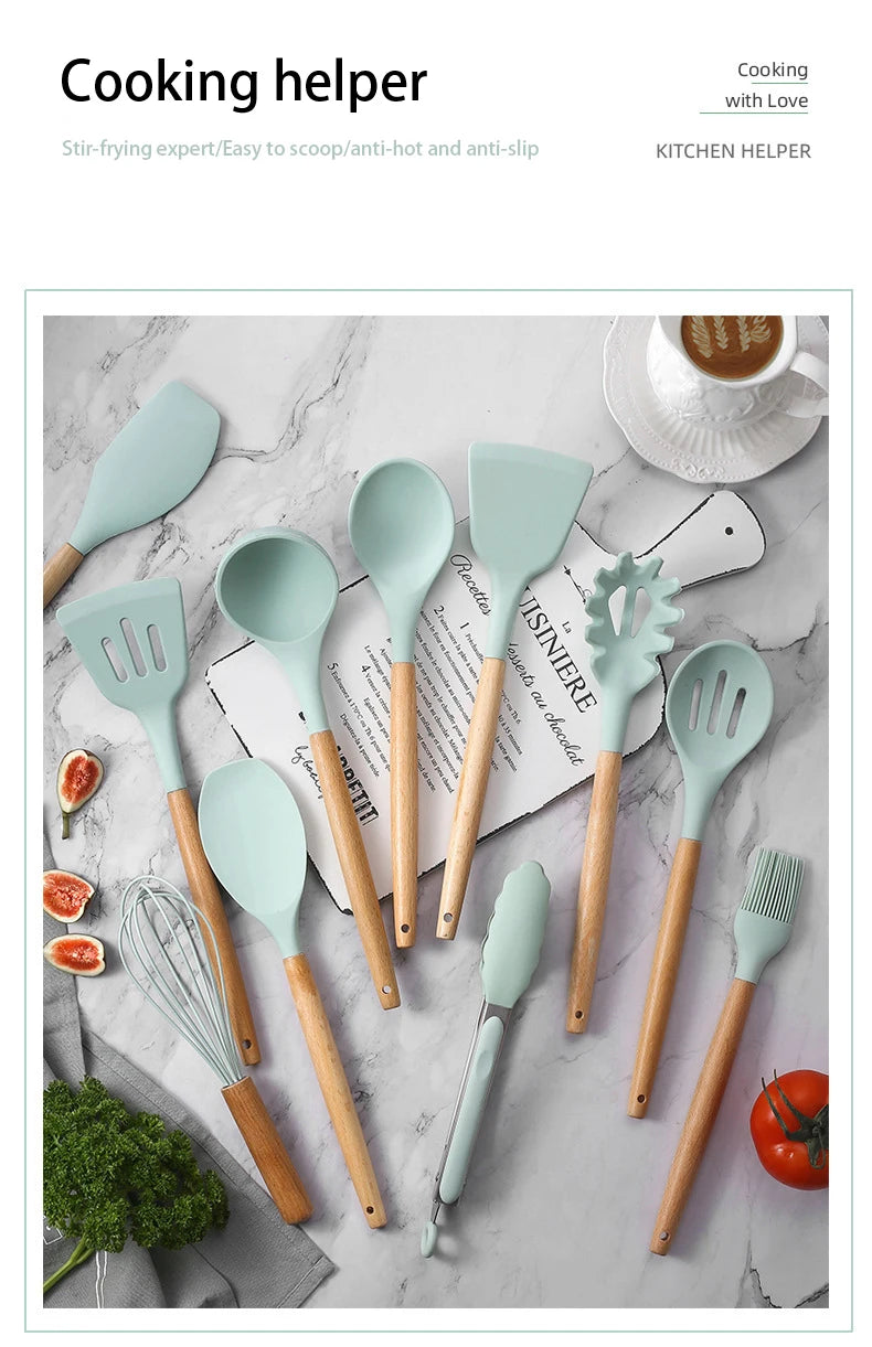 12pcs/set, Silicone Cooking Utensils Set With Wooden Handle, Colorful Non-stick Pot Special Cooking Tools Set, Heat Resistant