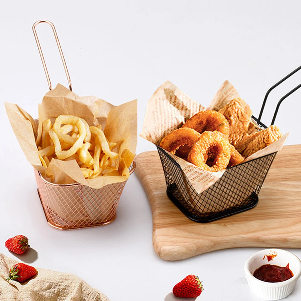 Mini Square Fry Basket Metal French Fries Chips Holder with Handle Desk Food Presentation Mesh Basket Kitchen Accessories Tools