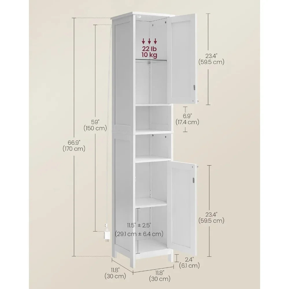 Tall Bathroom Cabinet with Lights, Slim Bathroom Storage Cabinet, Freestanding Narrow Cabinet with Adjustable Shelves