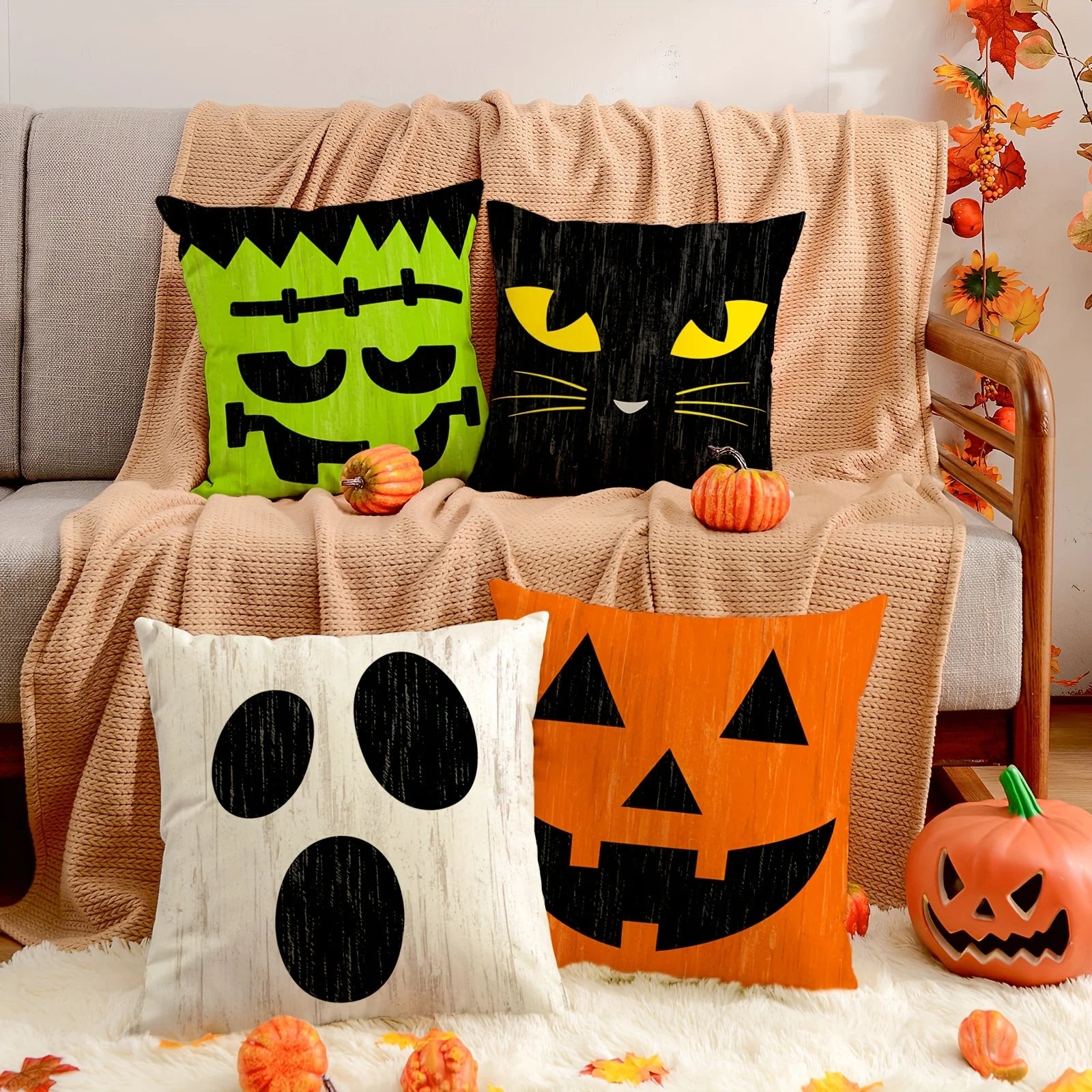 4pcs Halloween Pillowcase Home Sofa Cushion Square Ghost Party Decoration Pillowcase Does Not Include Pillow Core