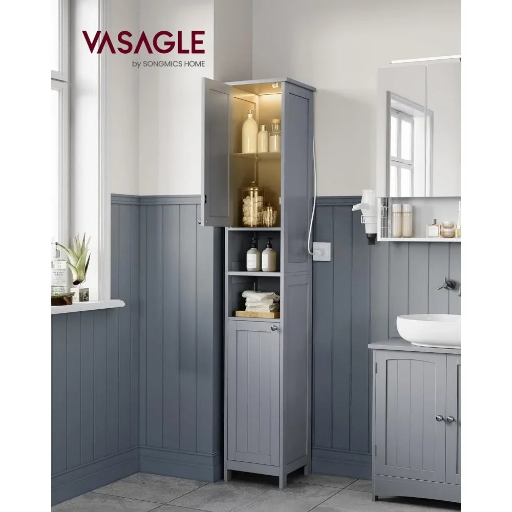 Tall Bathroom Cabinet with Lights, Slim Bathroom Storage Cabinet, Freestanding Narrow Cabinet with Adjustable Shelves