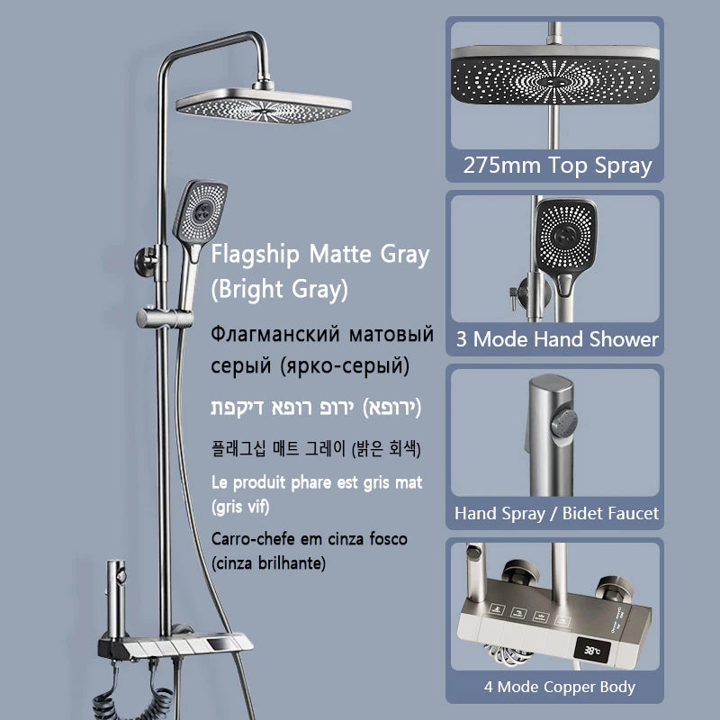 Bathroom Shower Full Set Black White Gray Bathtub Shower System Rain Pressurized Digital LED Shower Sets Hot Cold Shower Faucet